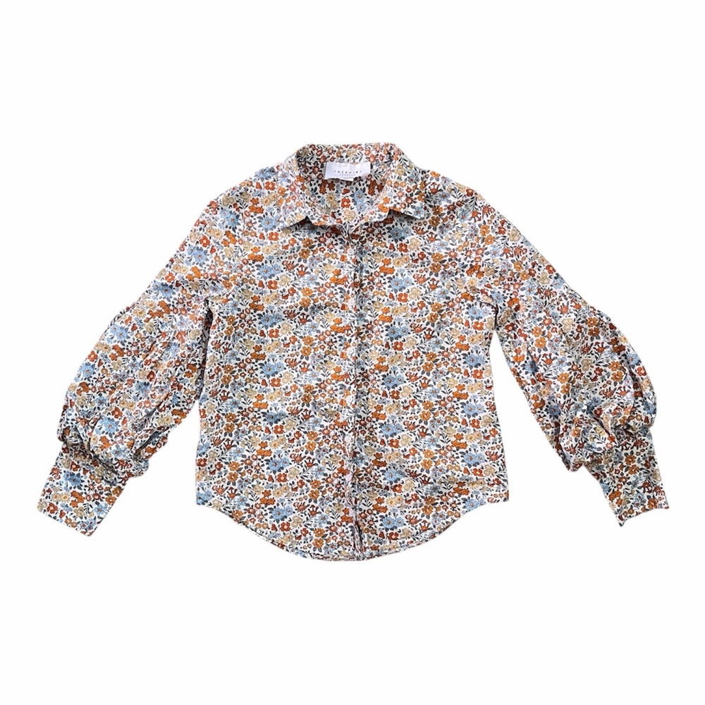 The Shirt by Rochelle Behrens Blue Orange Floral Puff Balloon Sleeve XS